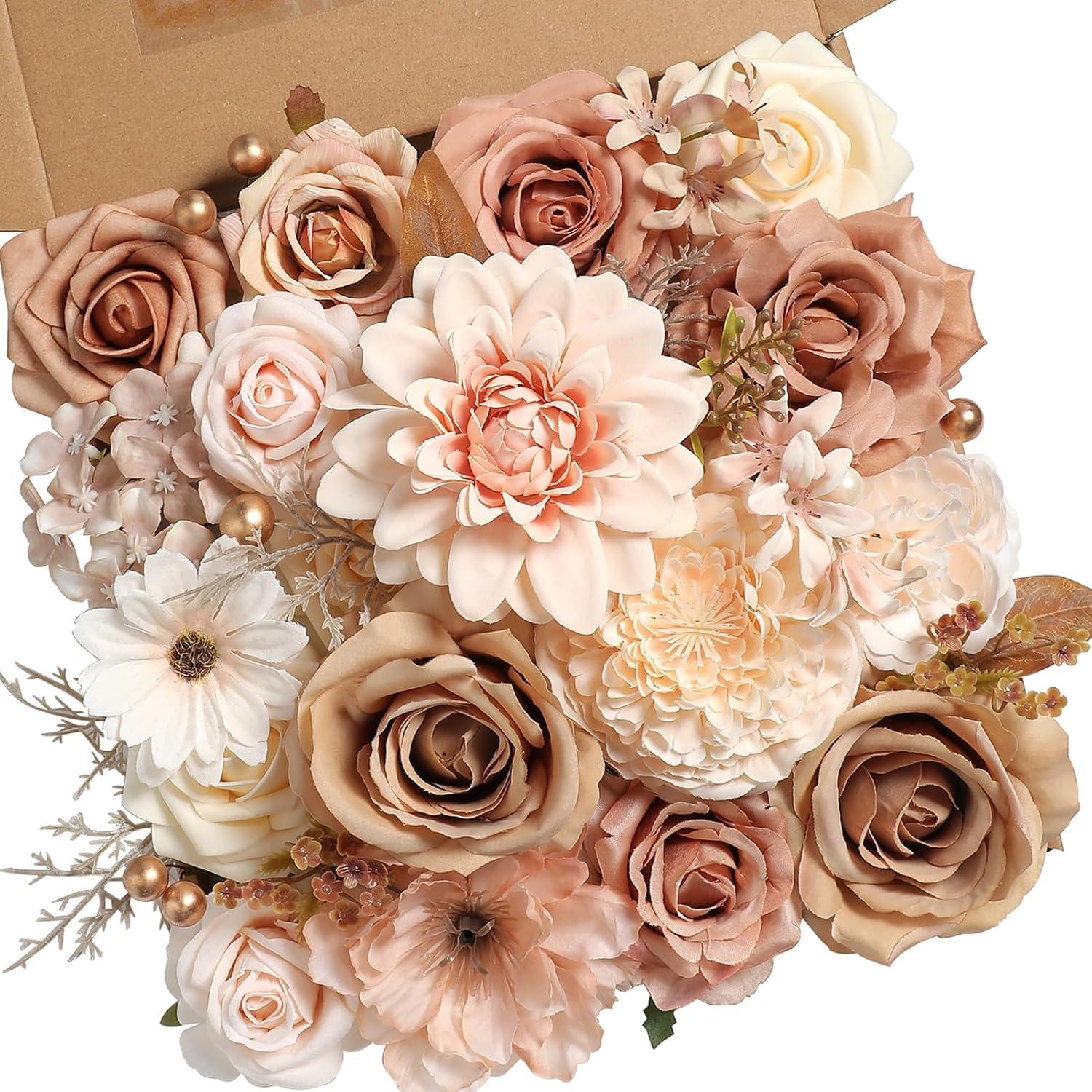 YYHUAWU Artificial Flowers Combo Set Fake Flower Leaf Box with Stems for DIY Wedding Bouquets Centerpieces Arrangements Baby Shower Party Home Decorations (Brown & Nude Color)