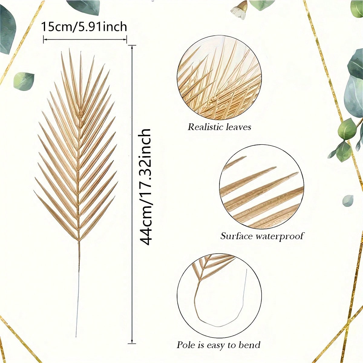 30/60pcs Gold Artificial Palm Leaves – 17.3in Faux Foliage for Wedding & Home Decor