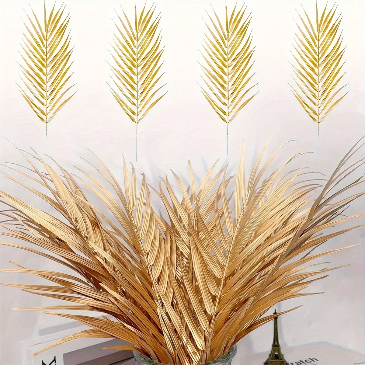 30/60pcs Gold Artificial Palm Leaves – 17.3in Faux Foliage for Wedding & Home Decor