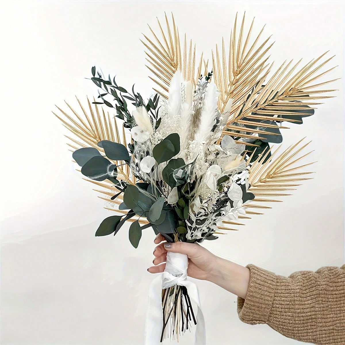30/60pcs Gold Artificial Palm Leaves – 17.3in Faux Foliage for Wedding & Home Decor