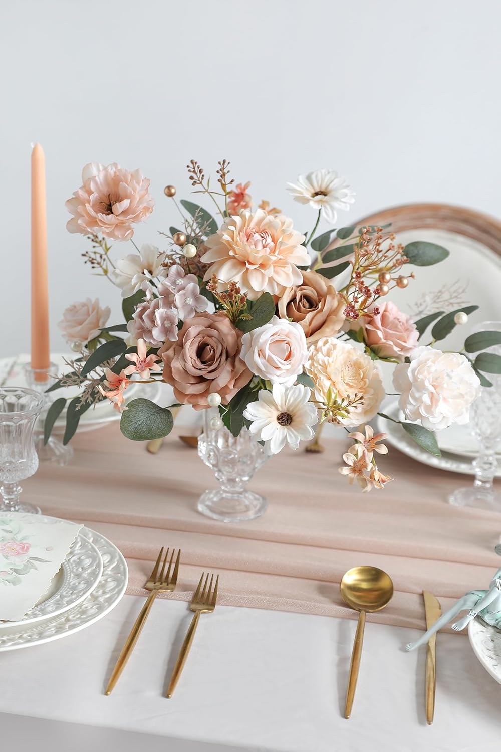 YYHUAWU Artificial Flowers Combo Set Fake Flower Leaf Box with Stems for DIY Wedding Bouquets Centerpieces Arrangements Baby Shower Party Home Decorations (Brown & Nude Color)
