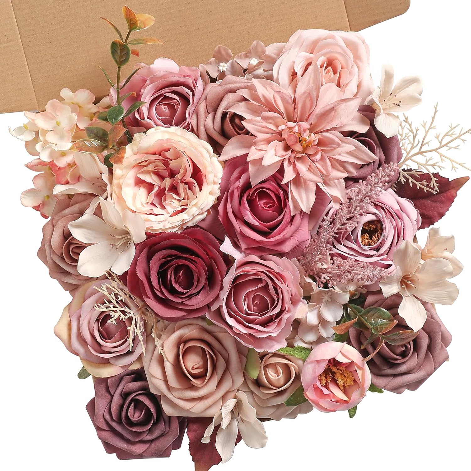 YYHUAWU Artificial Flowers Combo Set Fake Flower Leaf Box with Stems for DIY Wedding Bouquets Centerpieces Arrangements Baby Shower Party Home Decorations (Brown & Nude Color)