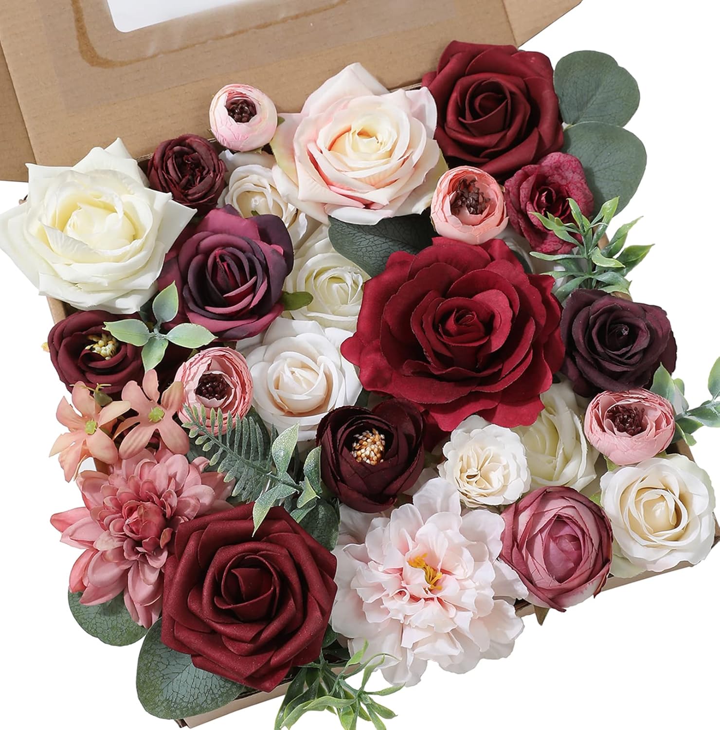 YYHUAWU Artificial Flowers Combo Set Fake Flower Leaf Box with Stems for DIY Wedding Bouquets Centerpieces Arrangements Baby Shower Party Home Decorations (Brown & Nude Color)