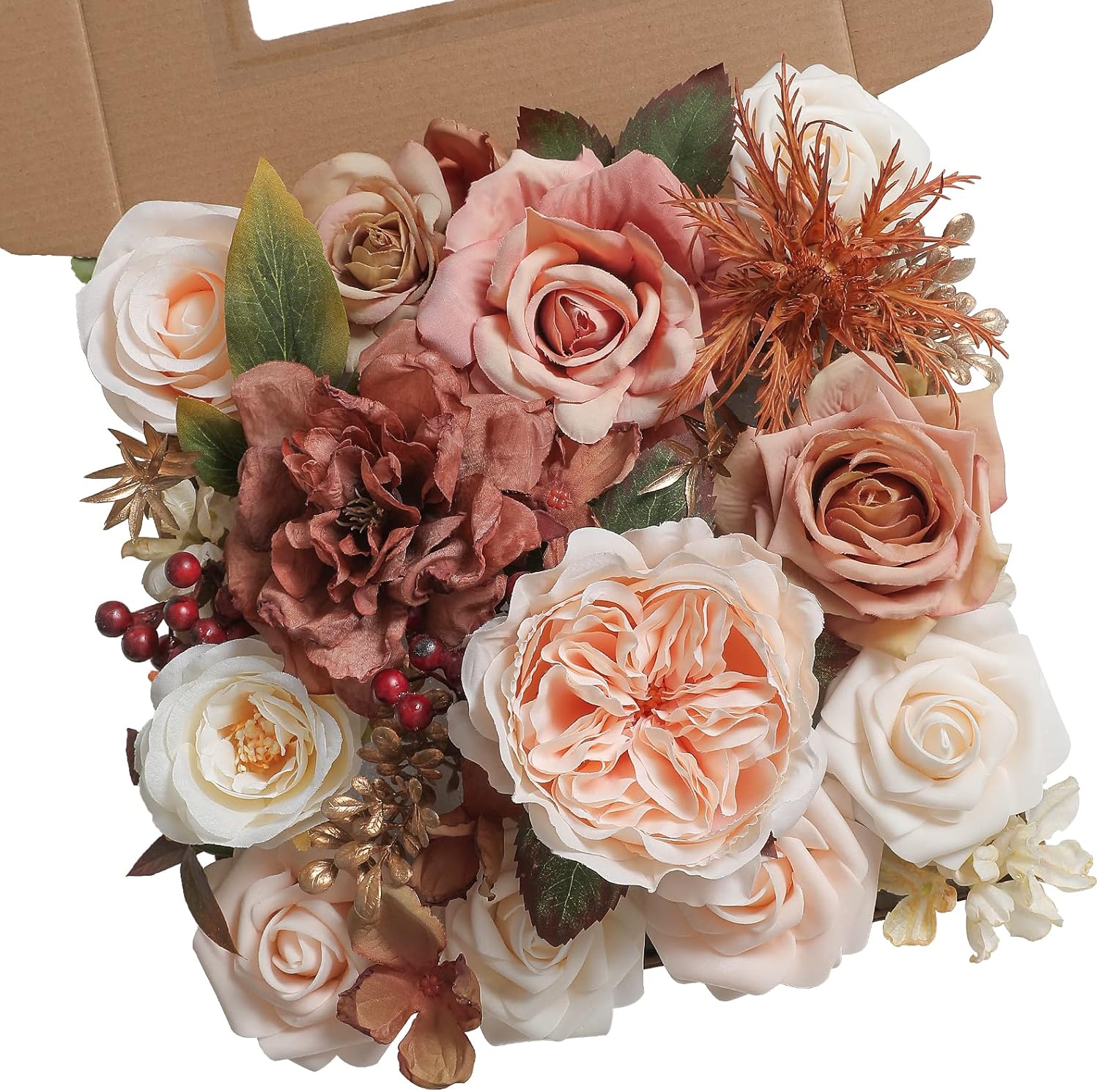 YYHUAWU Artificial Flowers Combo Set Fake Flower Leaf Box with Stems for DIY Wedding Bouquets Centerpieces Arrangements Baby Shower Party Home Decorations (Brown & Nude Color)