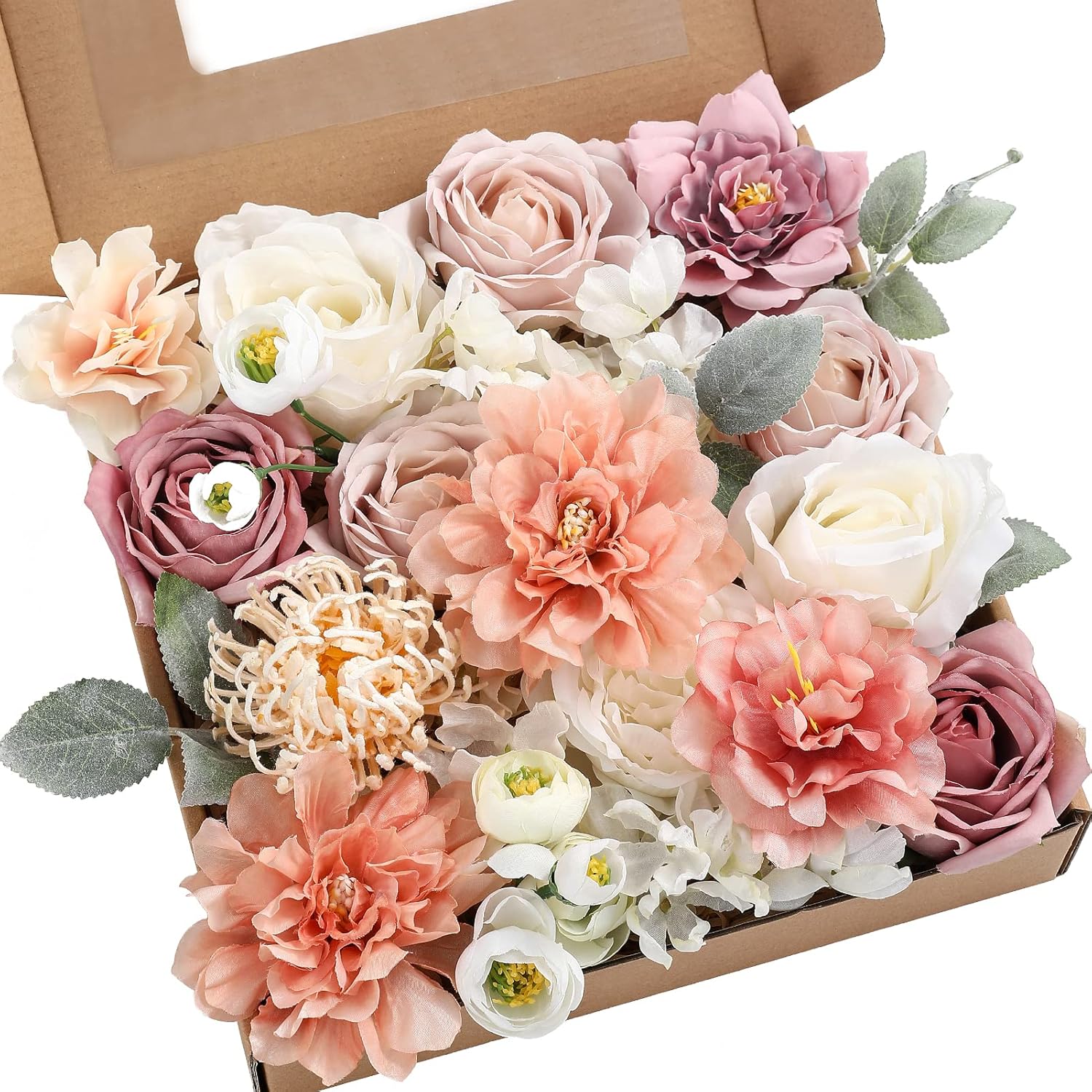 YYHUAWU Artificial Flowers Combo Set Fake Flower Leaf Box with Stems for DIY Wedding Bouquets Centerpieces Arrangements Baby Shower Party Home Decorations (Brown & Nude Color)