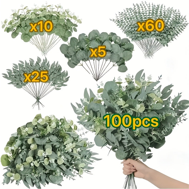 100pcs Artificial Greenery Mixed Eucalyptus Leaves Stems Bulk.